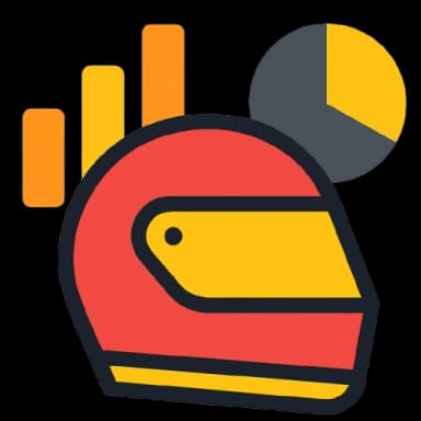 Icono plano de un casco de carreras en rojo y amarillo junto a gráficos de análisis de datos